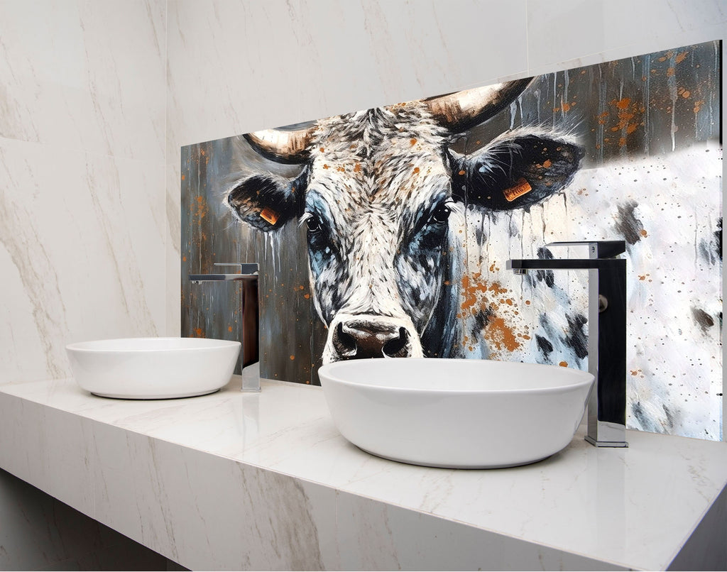 a painting of a cow on a wall next to a bowl