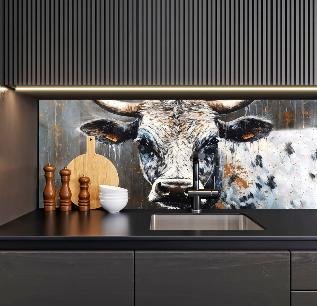 a painting of a cow on a wall behind a kitchen sink