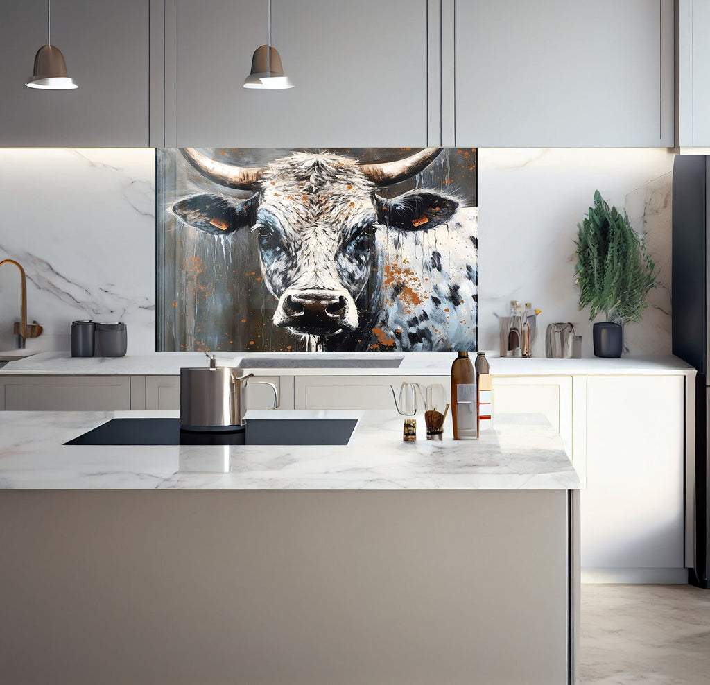 a painting of a cow in a kitchen