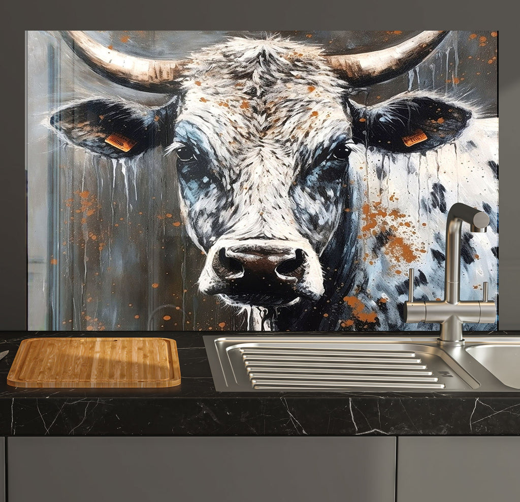 a painting of a cow in a kitchen