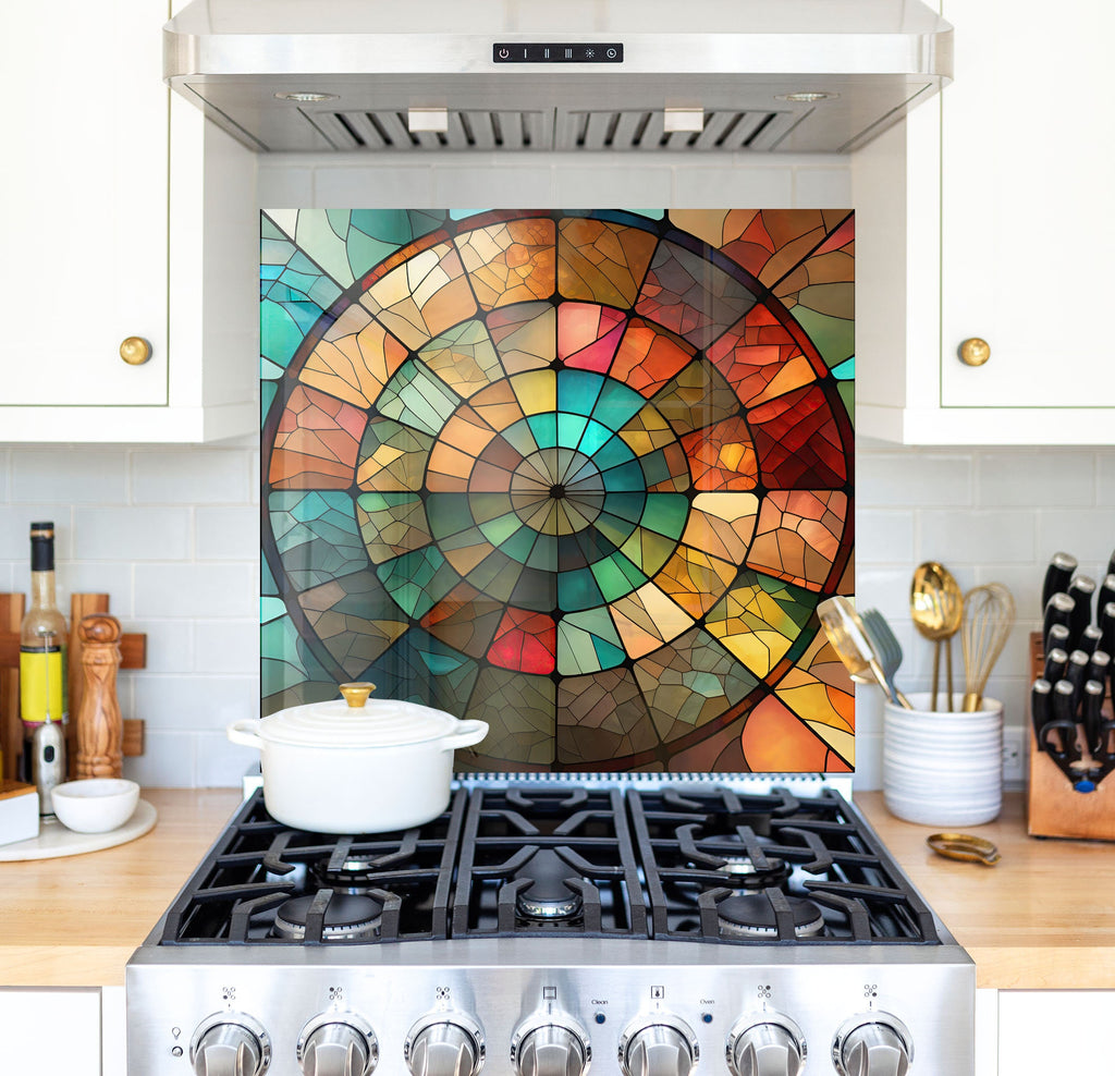 a stove top oven sitting under a painting on a wall