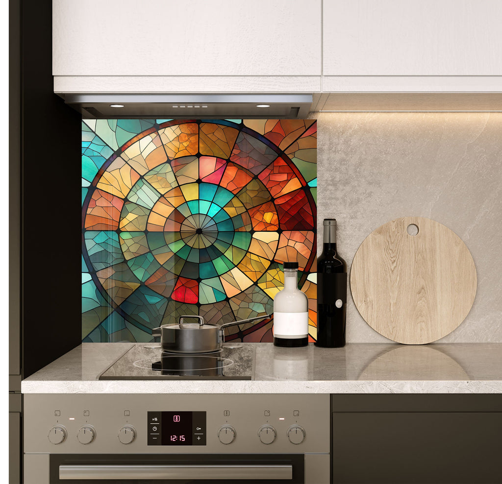 a stove top oven sitting under a stained glass window