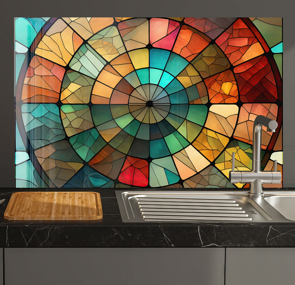 a kitchen with a sink and a large stained glass window