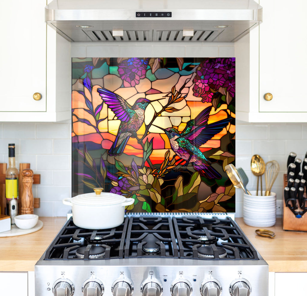 a stove top oven sitting under a stained glass window