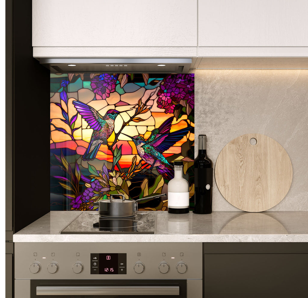 a stove top oven sitting under a stained glass window