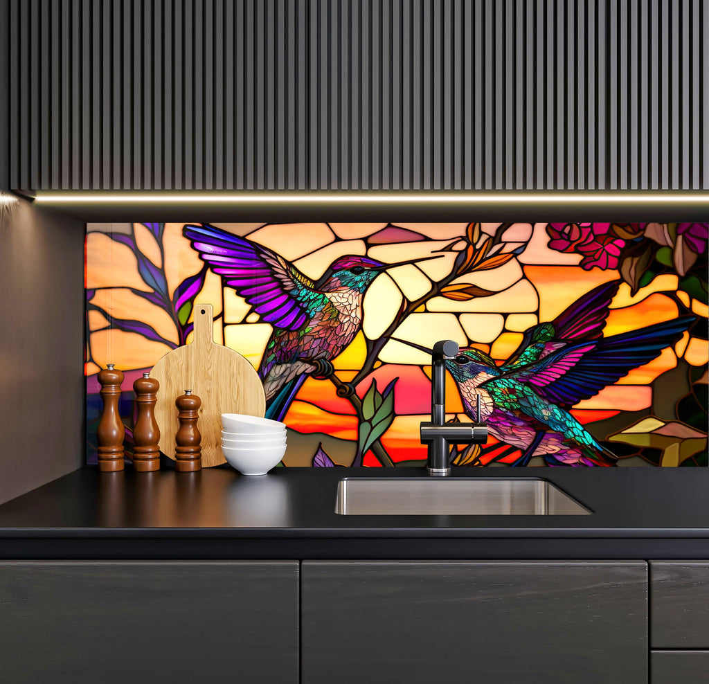 a kitchen with a sink and a stained glass window