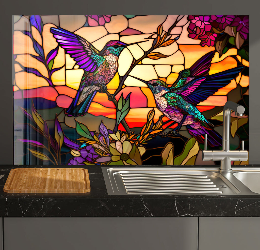 a kitchen with a sink and a stained glass window