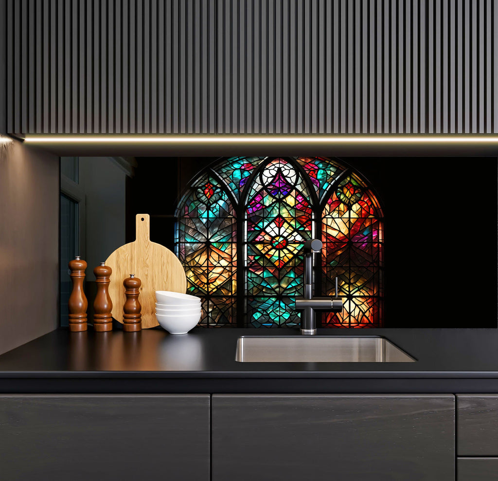 a kitchen with a sink and a large stained glass window