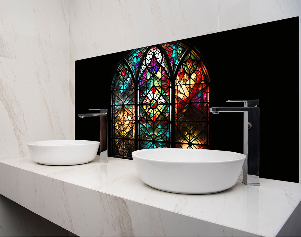 a bathroom with two sinks and a stained glass window