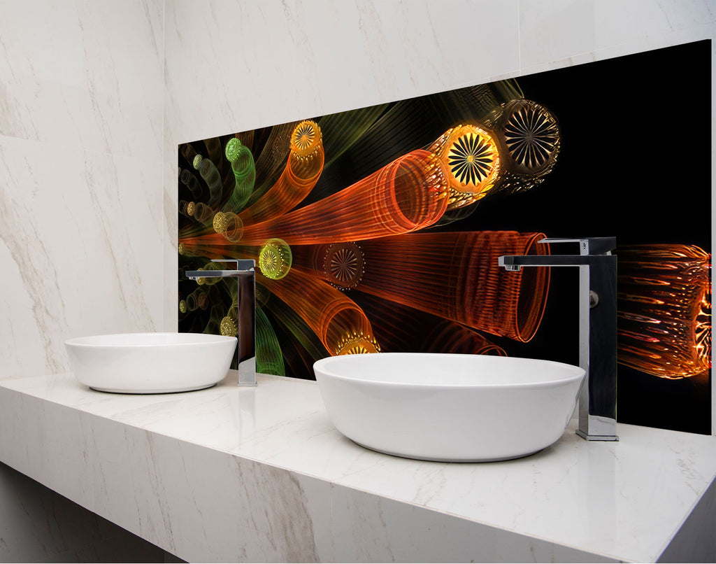 a bathroom with two sinks and a large picture on the wall