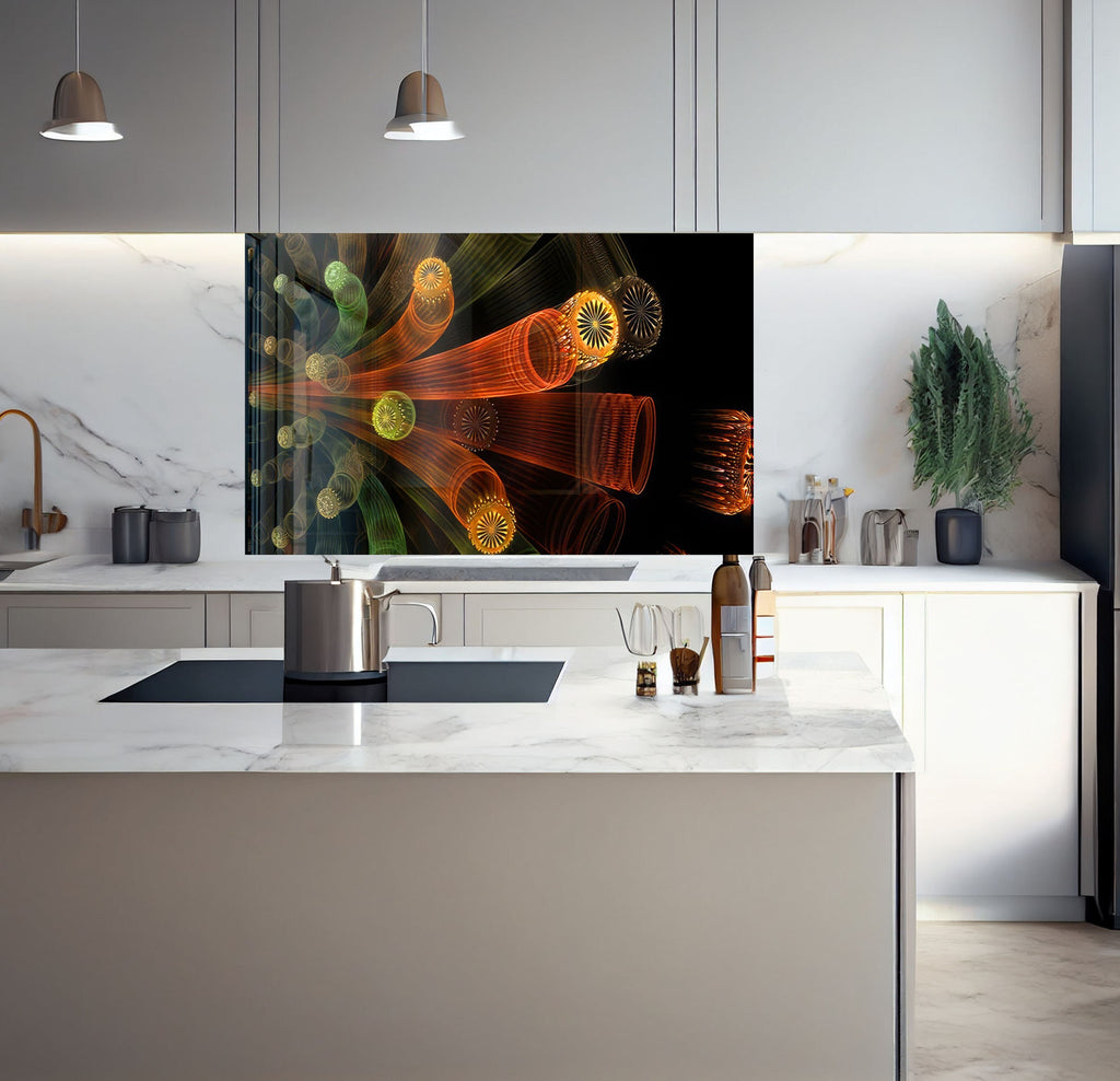 a kitchen with a large painting on the wall