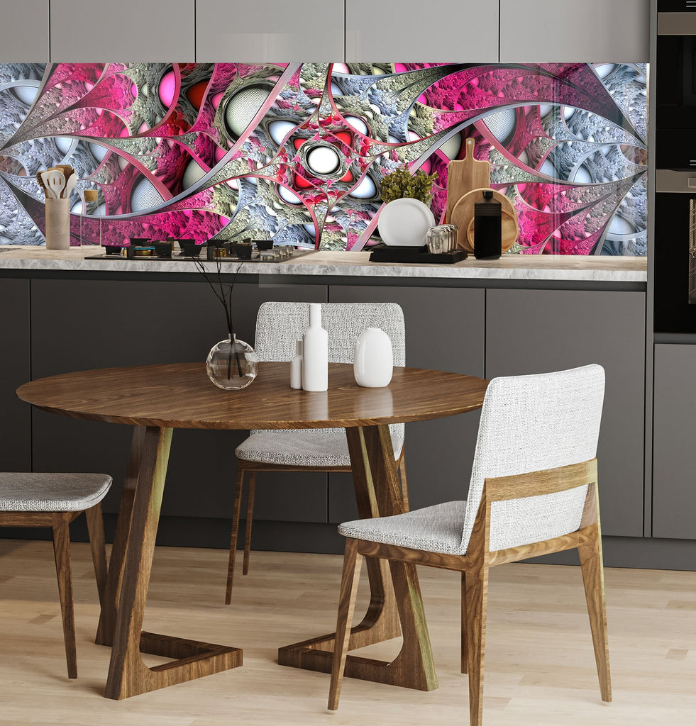 a kitchen with a table, chairs and a wall mural