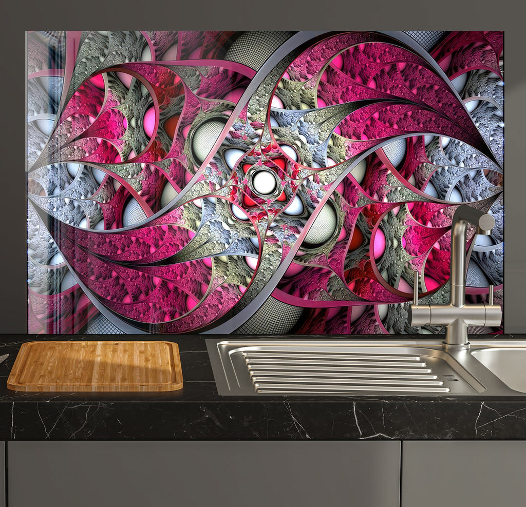 a kitchen counter with a sink and a painting on the wall