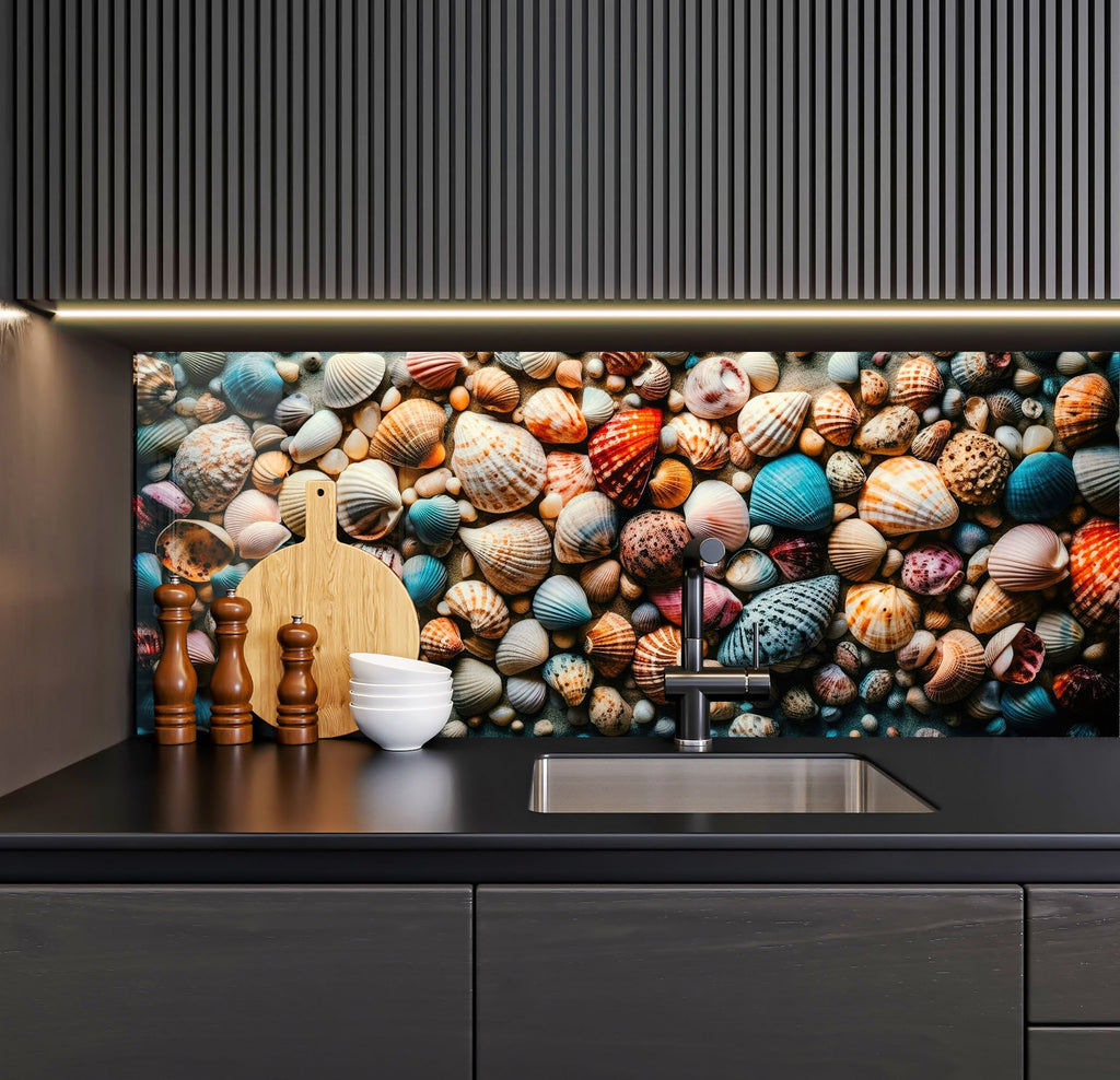 a kitchen counter topped with a sink and a counter top covered in seashells