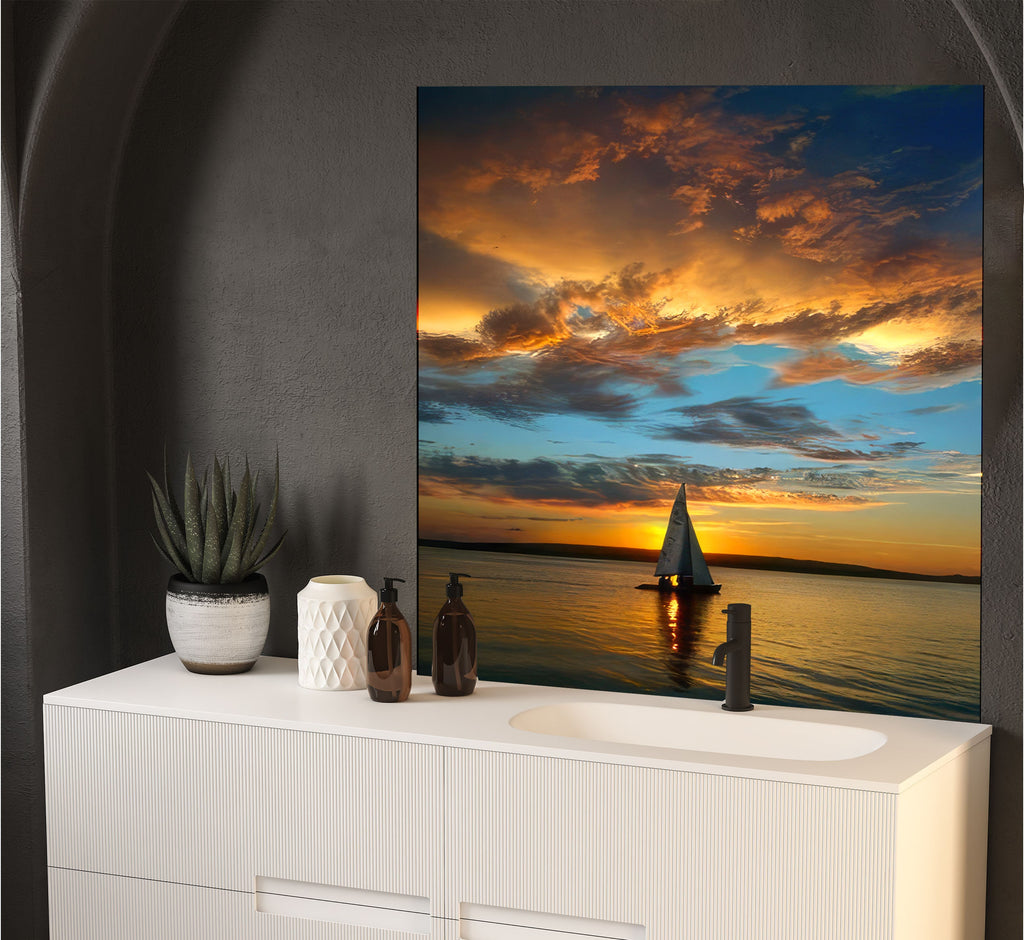 a painting of a sailboat in the ocean at sunset