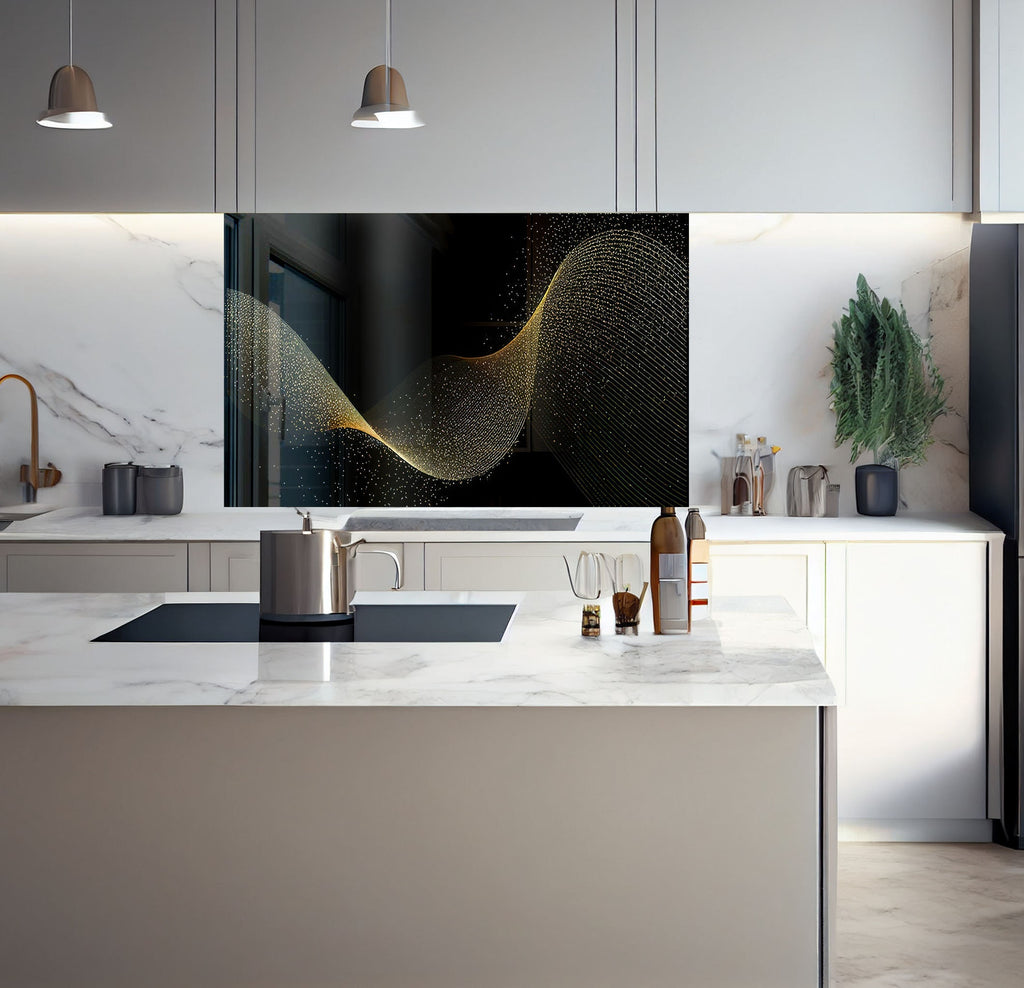 a kitchen with a marble counter top and white cabinets