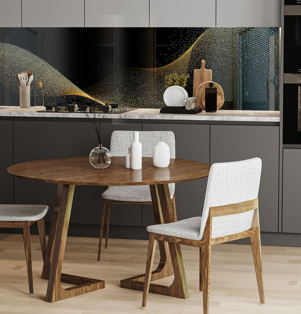 a kitchen with a wooden table and white chairs