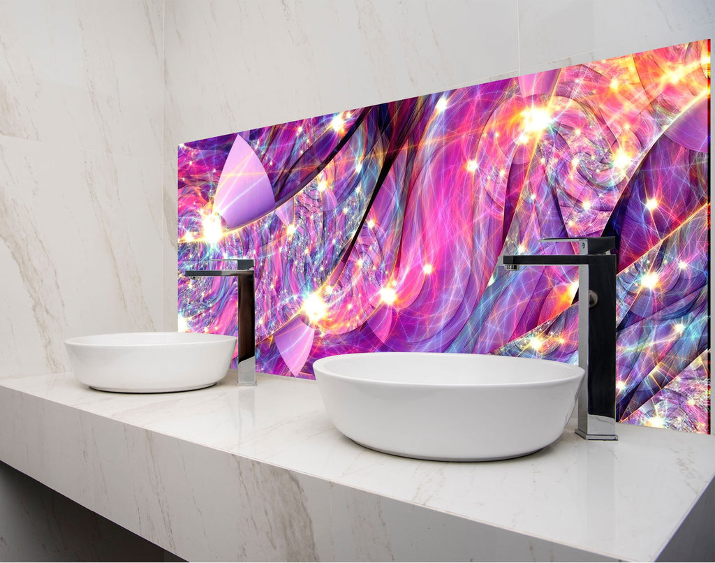 two bowls on a counter in front of a colorful wall