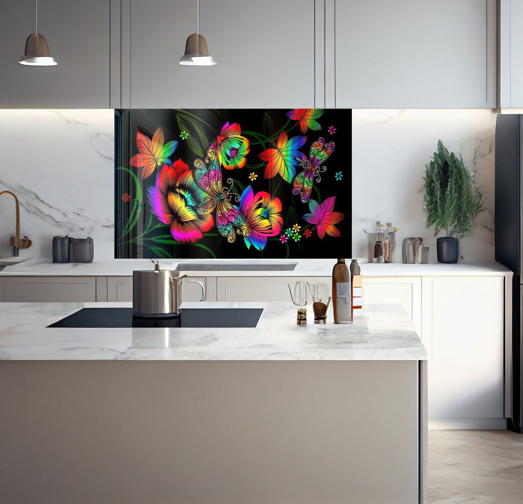 a kitchen with a marble counter top and a painting on the wall