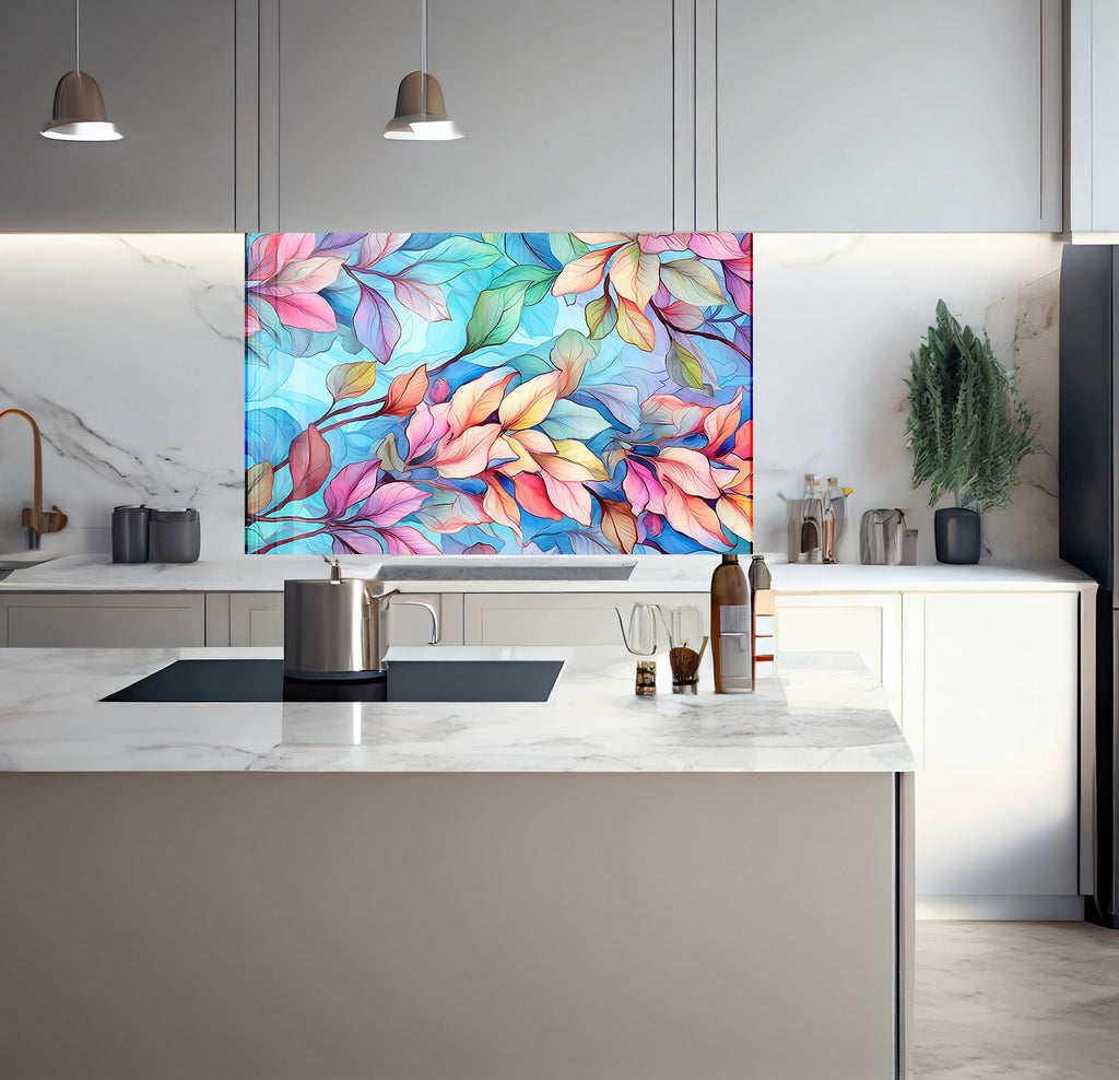 a kitchen with a marble counter top and a painting on the wall