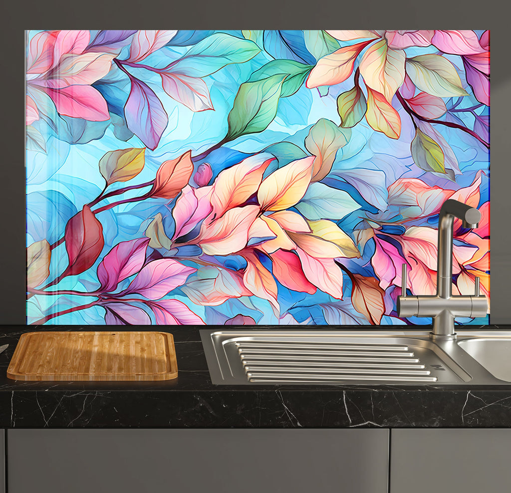 a kitchen counter with a sink and a painting on the wall