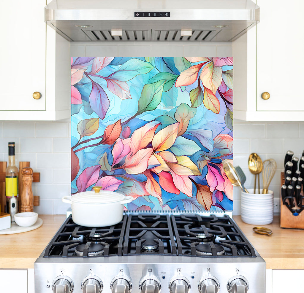 a stove top oven sitting under a painting on a wall