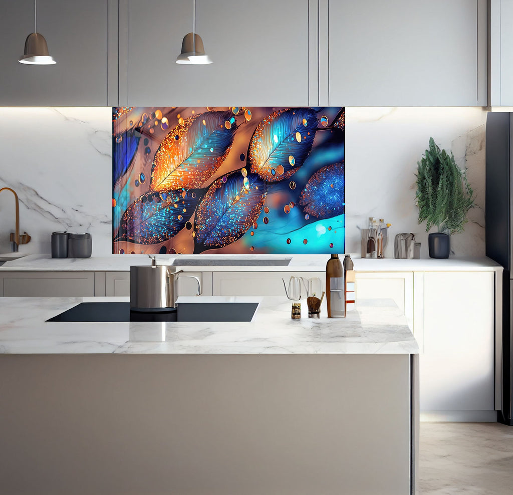 a kitchen with a large painting on the wall