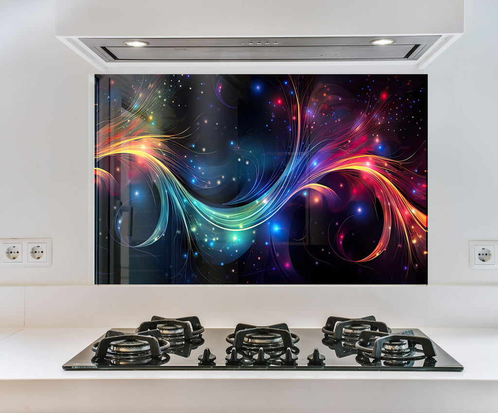 a picture of a colorful abstract design on a wall behind a stove