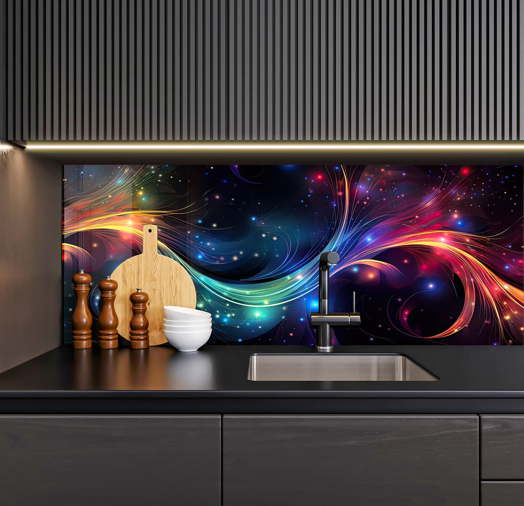 a kitchen counter with a sink and a wall mural