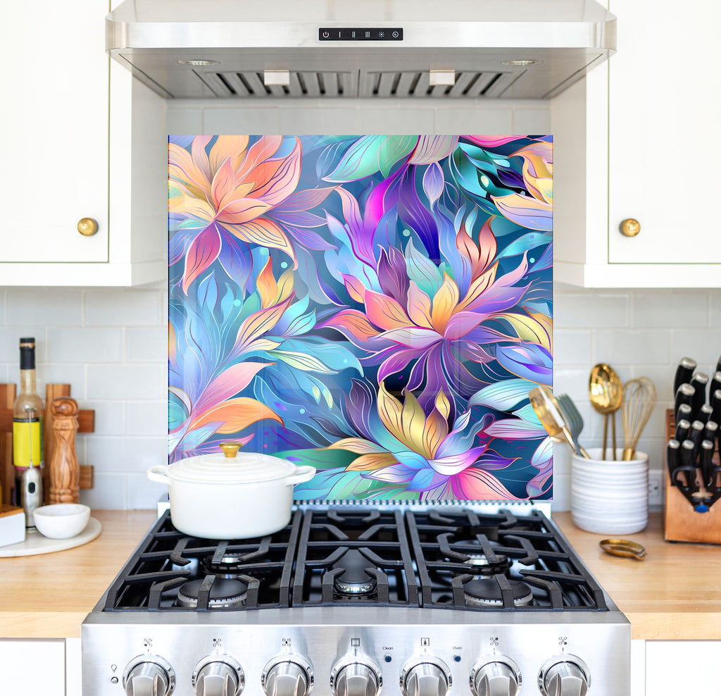 a stove top oven sitting under a painting on a wall