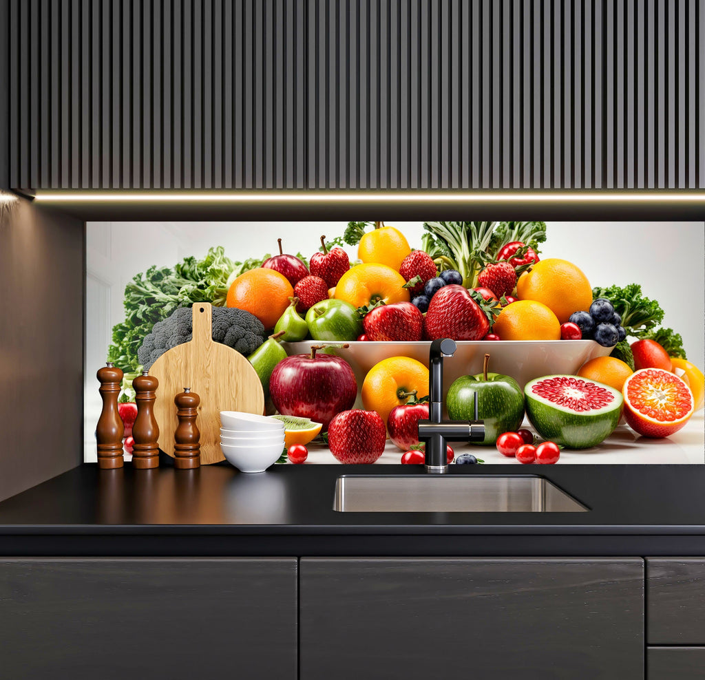 a kitchen with a sink and a bunch of fruit on the counter