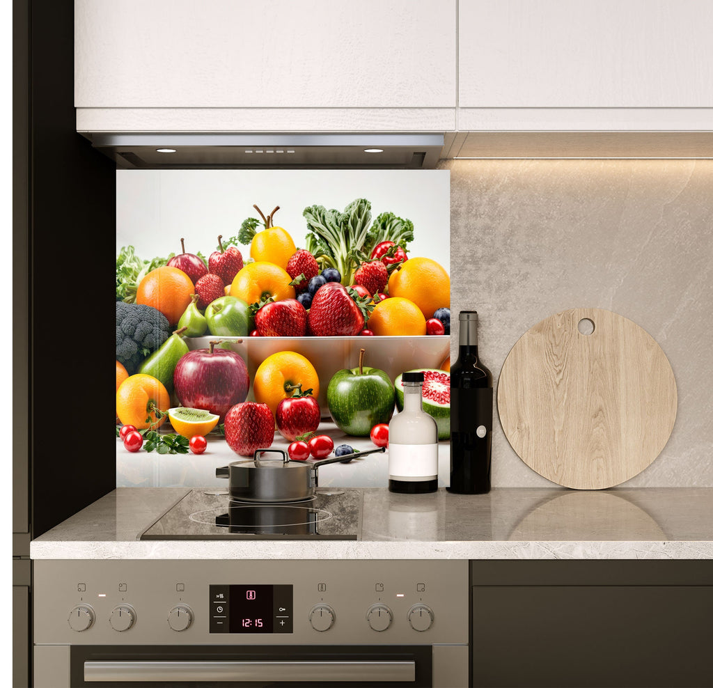 a picture of a bunch of fruit on a kitchen counter