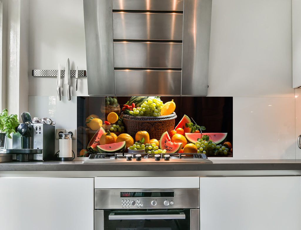 a picture of a kitchen with a bunch of fruit on the stove