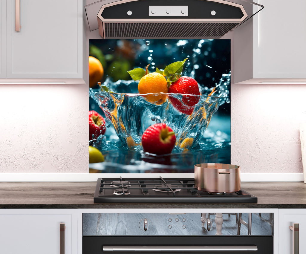 a stove top oven with a picture of fruit splashing on it