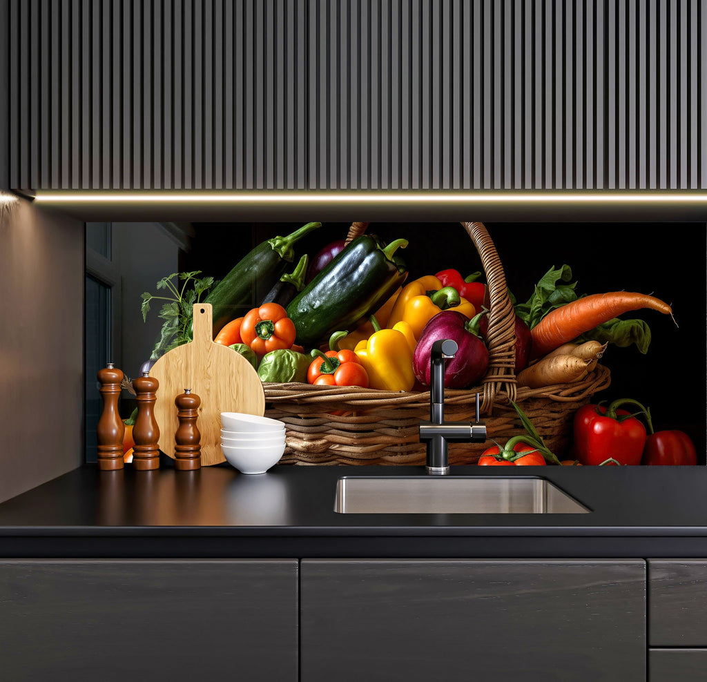 a kitchen with a sink and a basket of vegetables