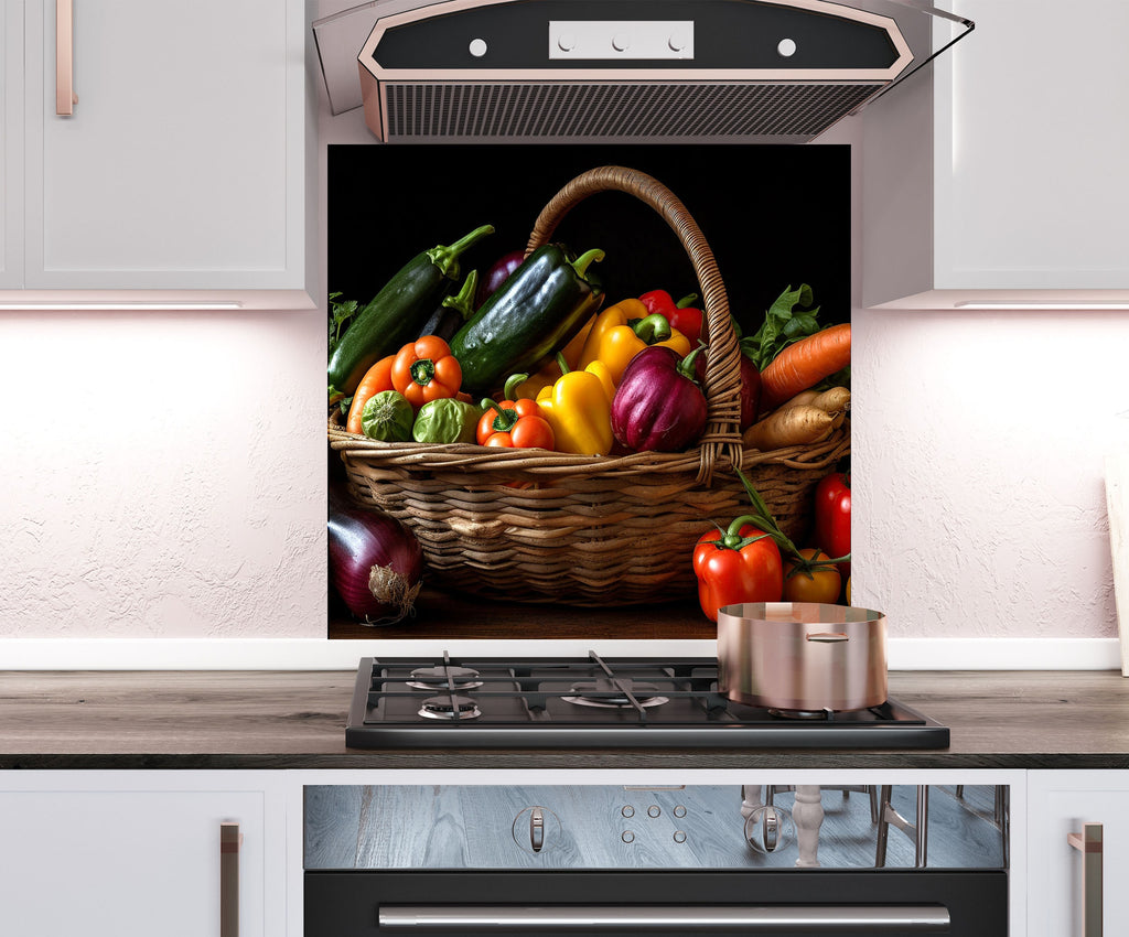 a painting of a basket of vegetables on a stove