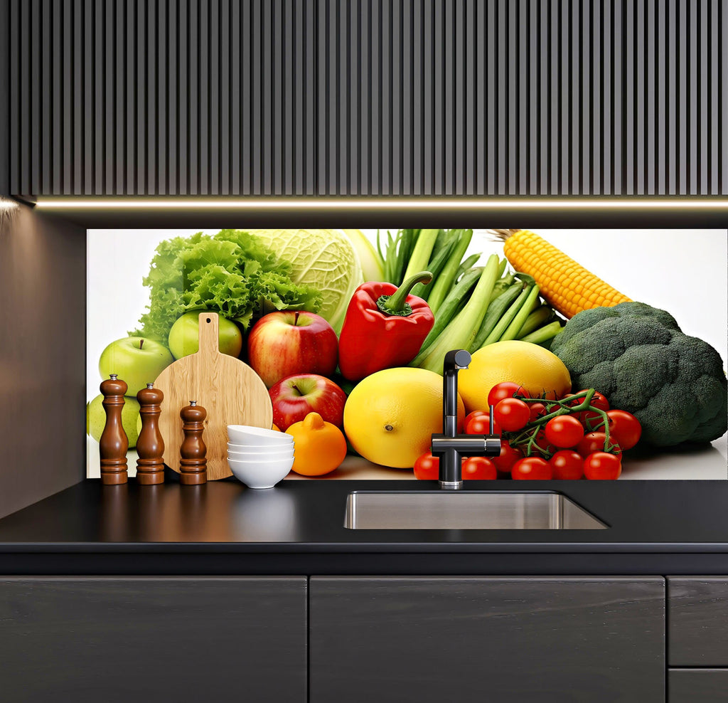 a kitchen with a sink and a bunch of fruits and vegetables