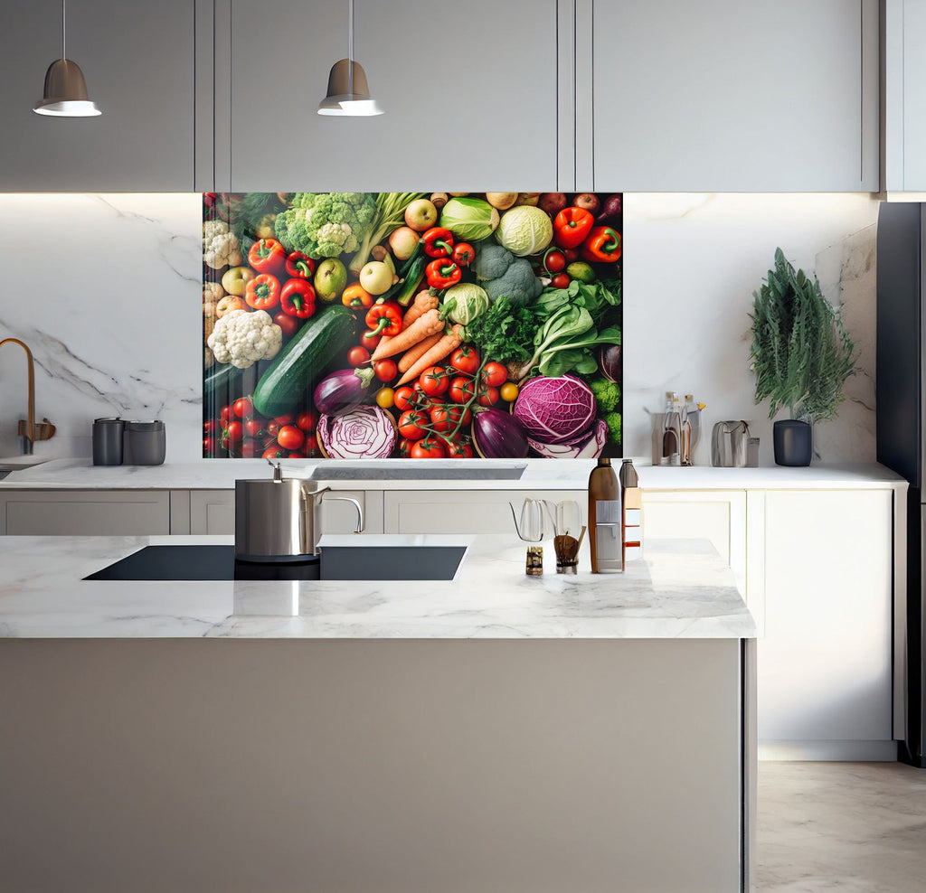 a kitchen with a large painting of vegetables on the wall