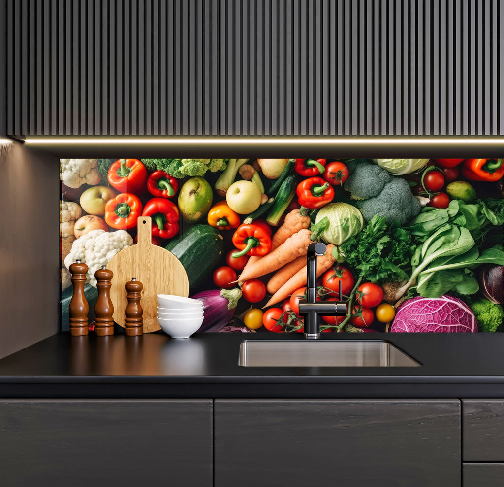 a kitchen with a large mural of vegetables on the wall