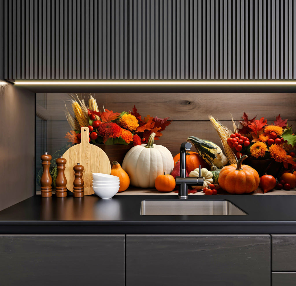 a kitchen counter topped with lots of fall decorations