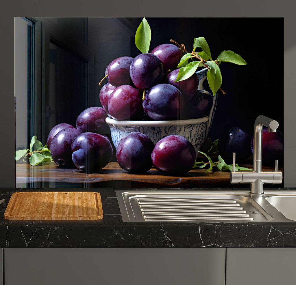 a bowl of plums on a kitchen counter