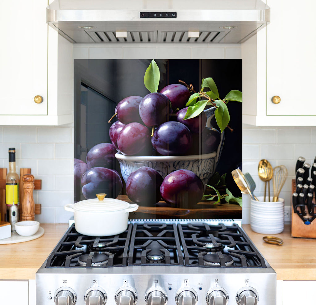 a painting of plums in a bowl on a stove