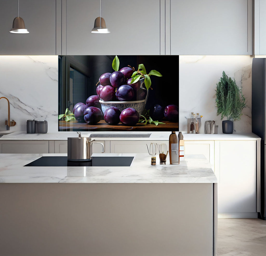 a picture of a bowl of plums on a kitchen counter