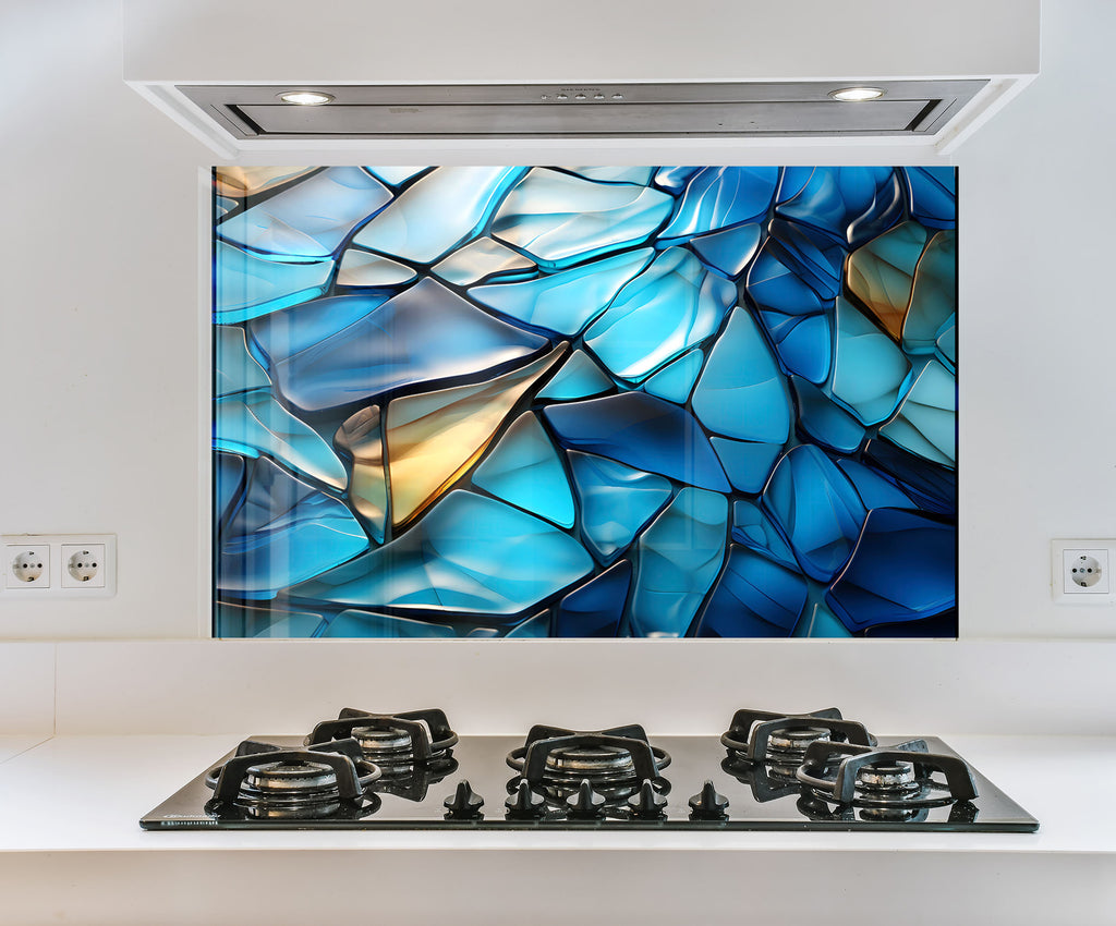 a picture of a blue glass design on a wall above a stove