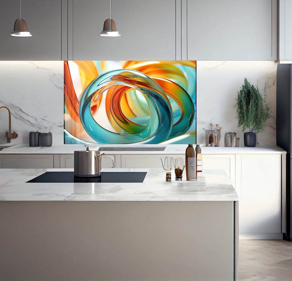 a kitchen with a large painting on the wall