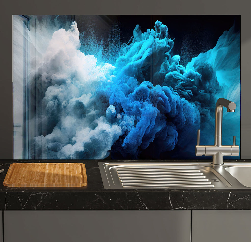 a kitchen counter with a sink and a painting on the wall