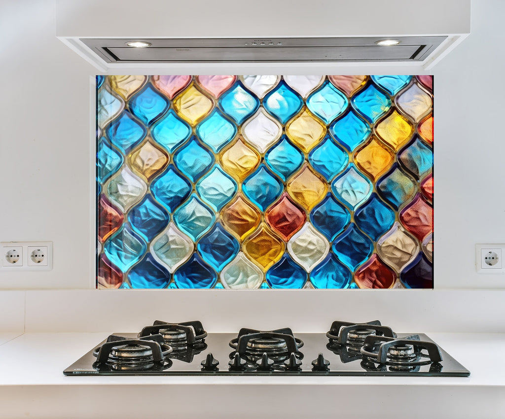 a kitchen stove top with a colorful glass window behind it