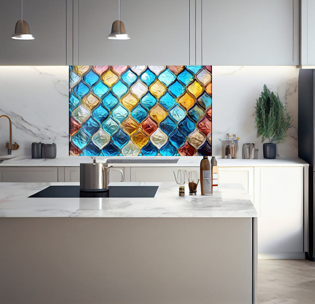 a kitchen with a marble counter top and a painting on the wall