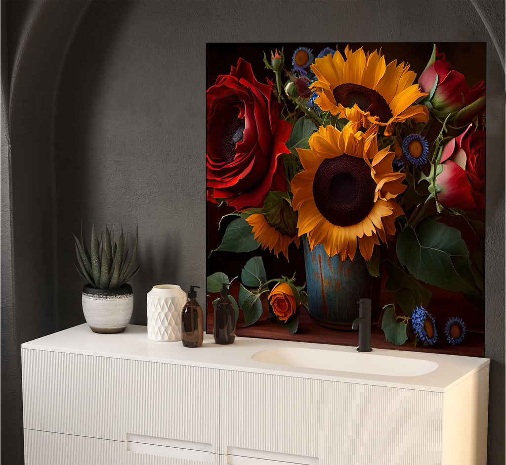 a painting of sunflowers and roses on a dresser