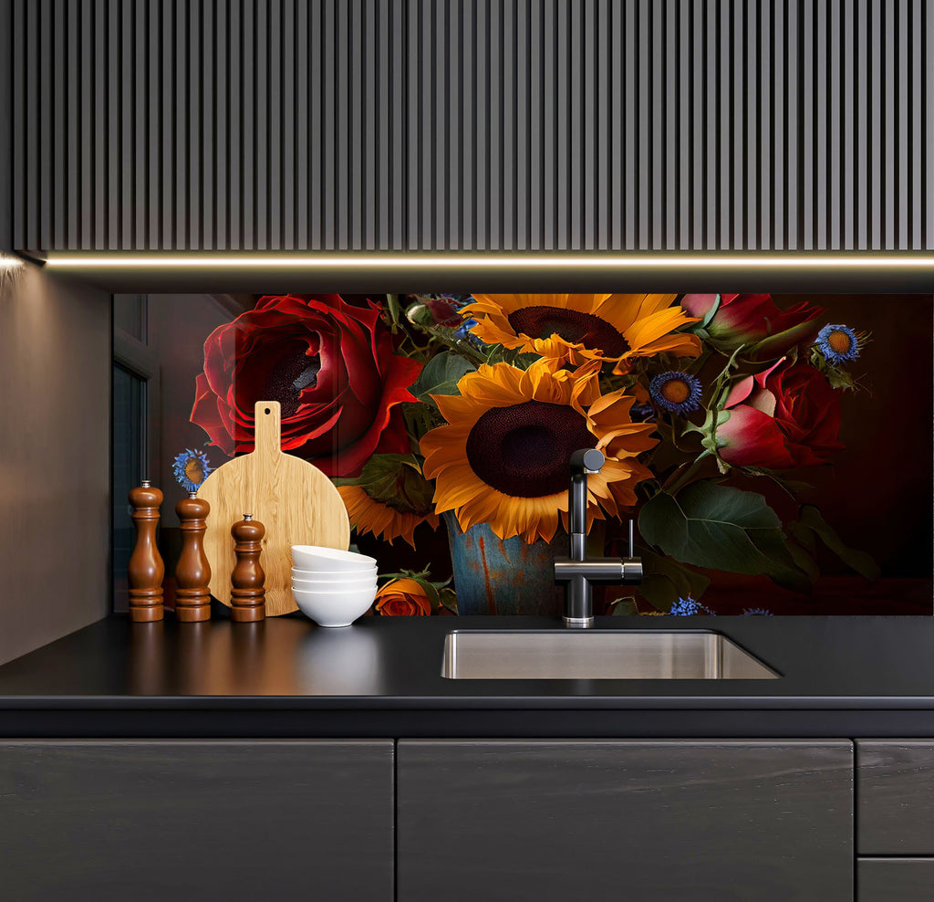 a kitchen counter with a sink and a vase of sunflowers